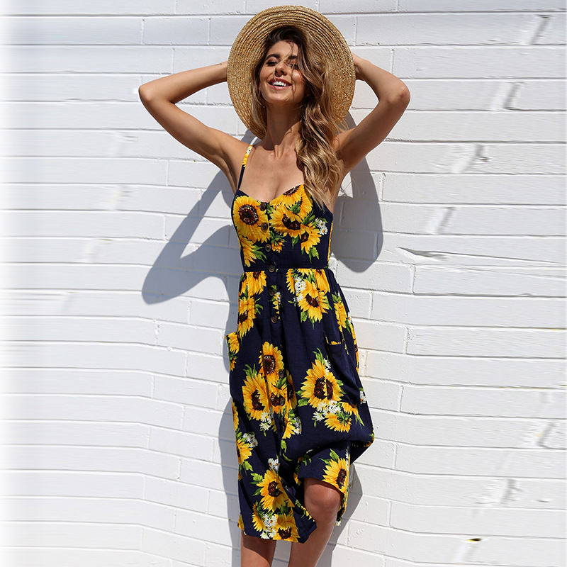 Sunflower Pineapple Print Button Back Sexy Slip Dress 36 Colors 6 Sizes Lightweight Fabric Summer Casual Wear