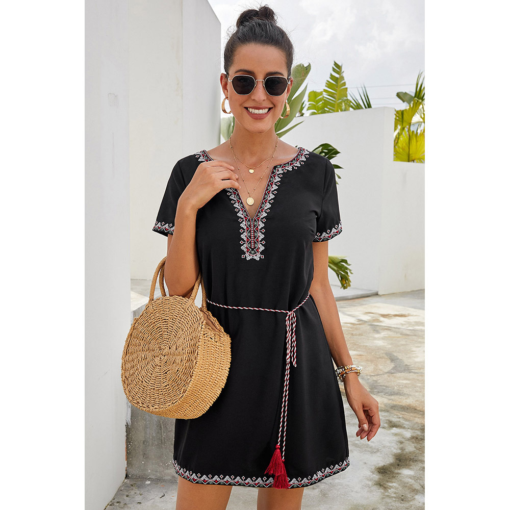 Embroidered V Neck Short Sleeve Loose Mini Dress Bohemian Style Summer Fashion Comfortable Fit Wholesale Available