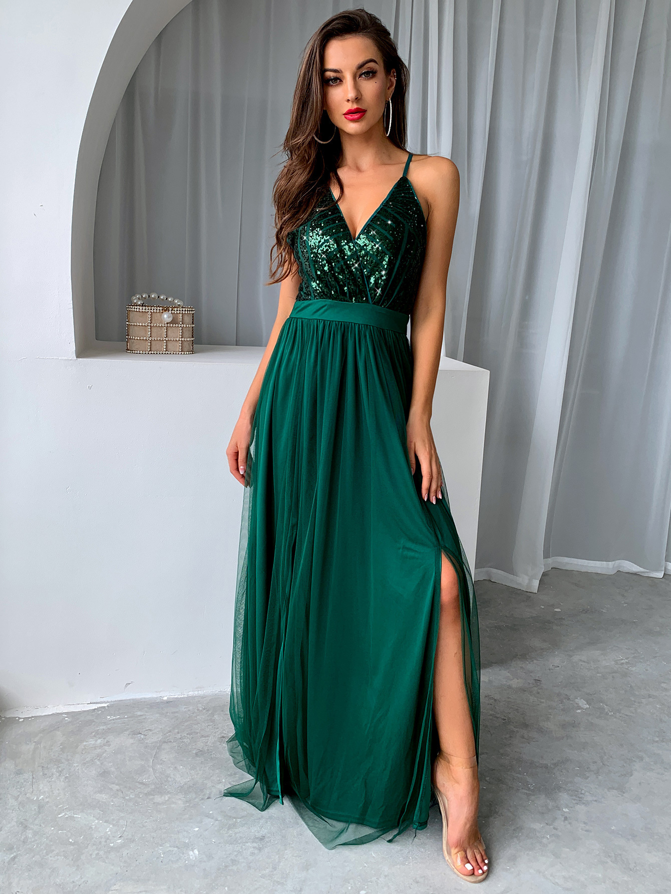 Summer Womens Dress Sexy Spaghetti Strap Mesh Sequin Patchwork High Slit Flared Hem Evening Gown Wholesale