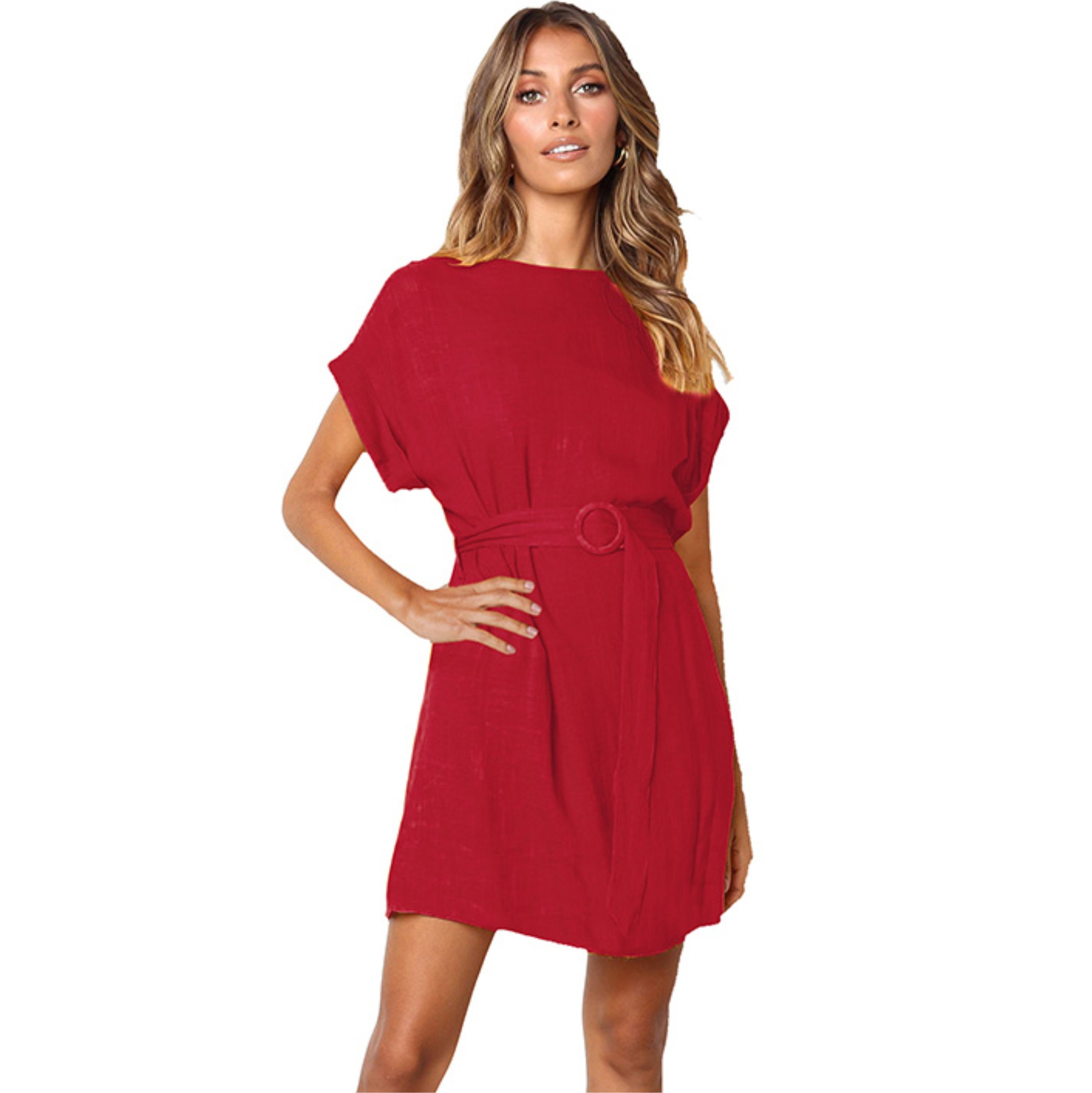 Womens Fashion Dress Short Sleeve Belted Solid Color Spring Summer Style Wholesale Available