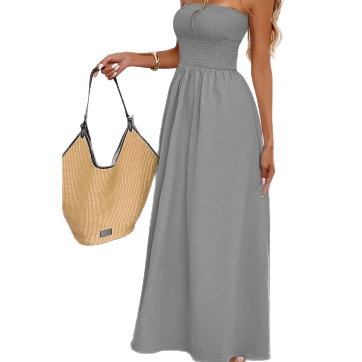 Casual Vacation Strapless Waist Cinch Long Dress for Women Autumn Winter