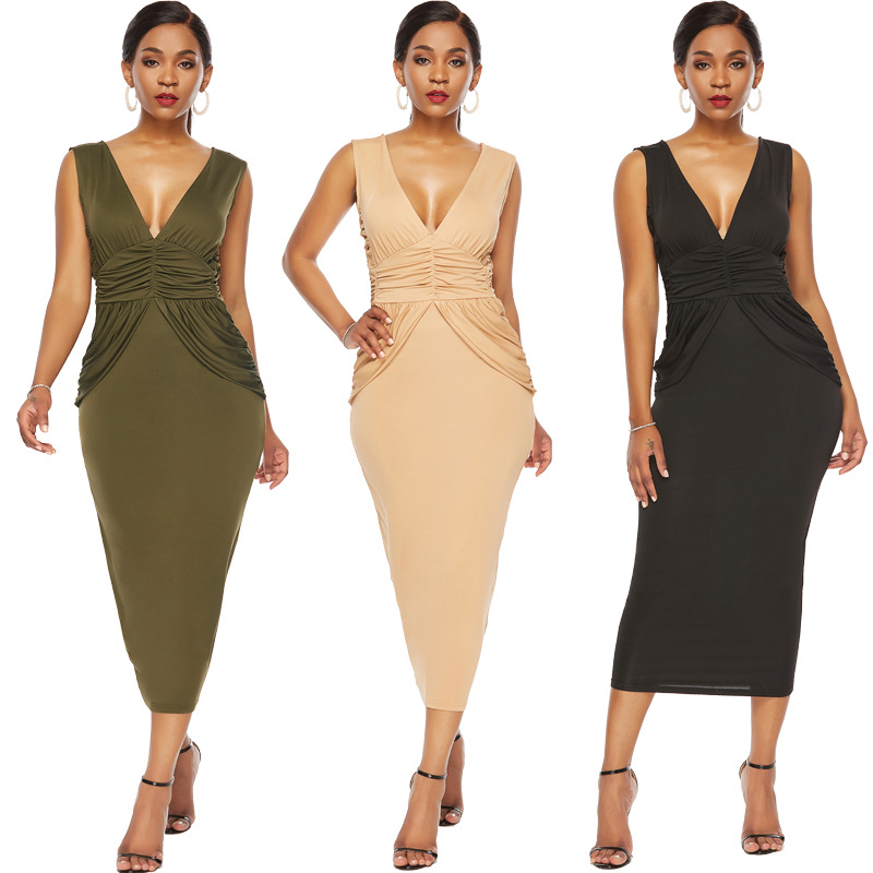 Sleeveless Bodycon Dress Deep V Neck Pleated Waist Solid Color Backless Nightclub Wear Wholesale Available