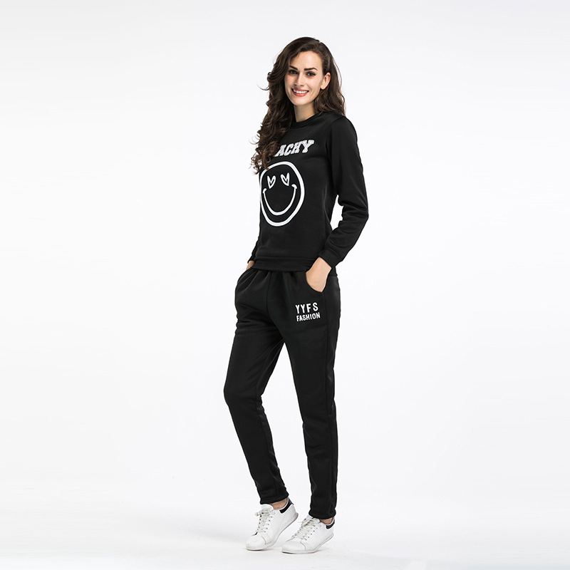 Womens Two Piece Set Smiley Face Print Round Neck Sweatshirt Long Pants Casual Sportswear for Fall and Winter