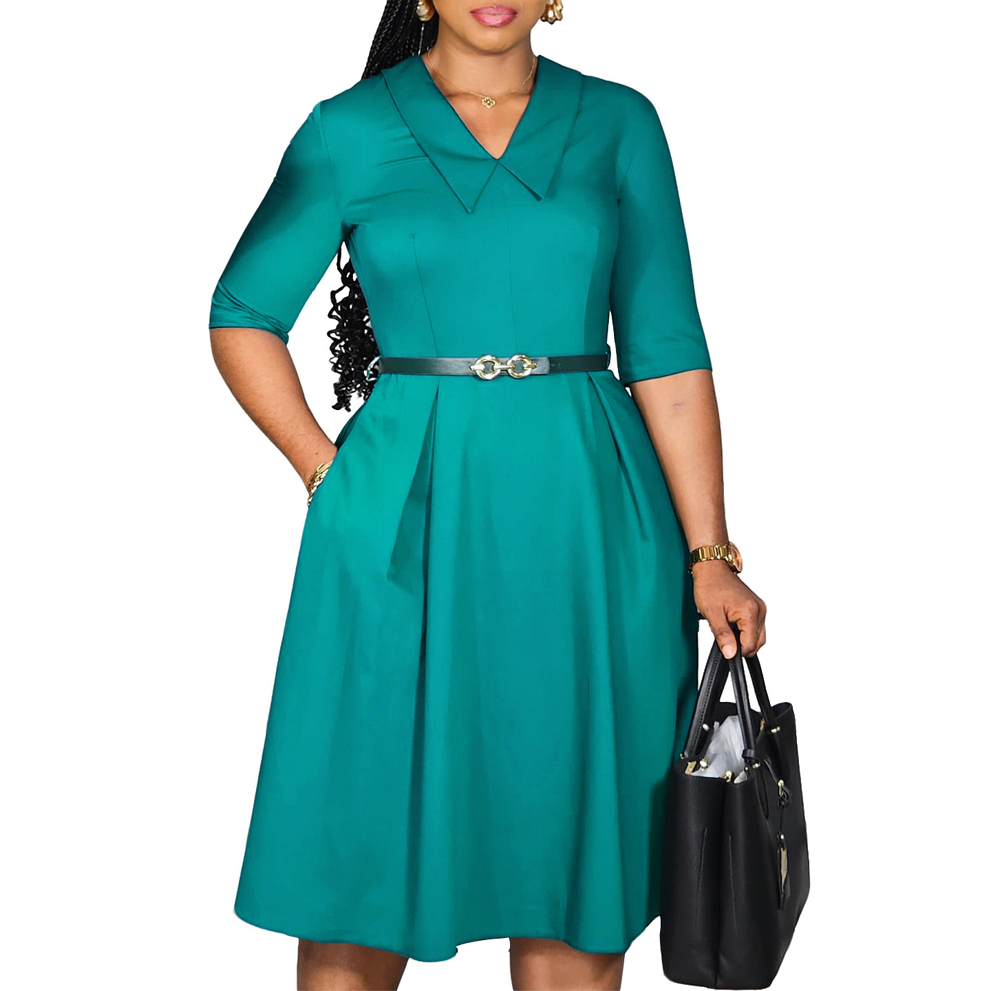 Elegant Solid Color Five Quarter Sleeve Dress for Women, Fashionable and Stylish, Ideal for African and European Markets