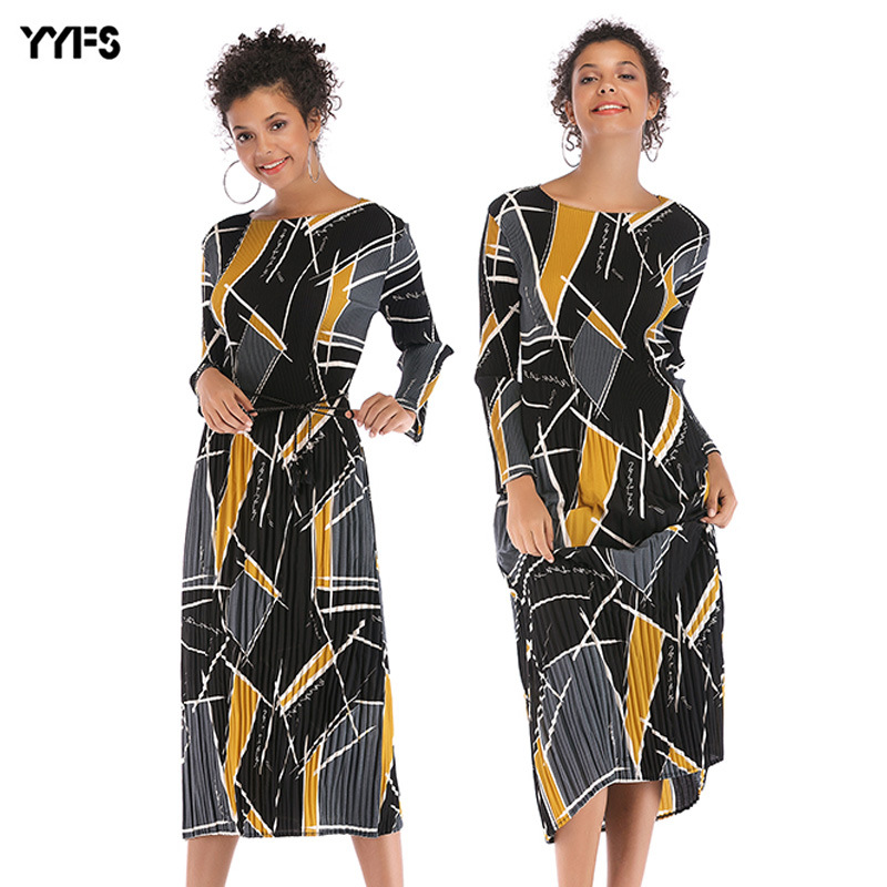 Geometric Print Chiffon Dress Long Sleeve Belted Pleated Design Perfect for Spring Summer Events Wholesale Available
