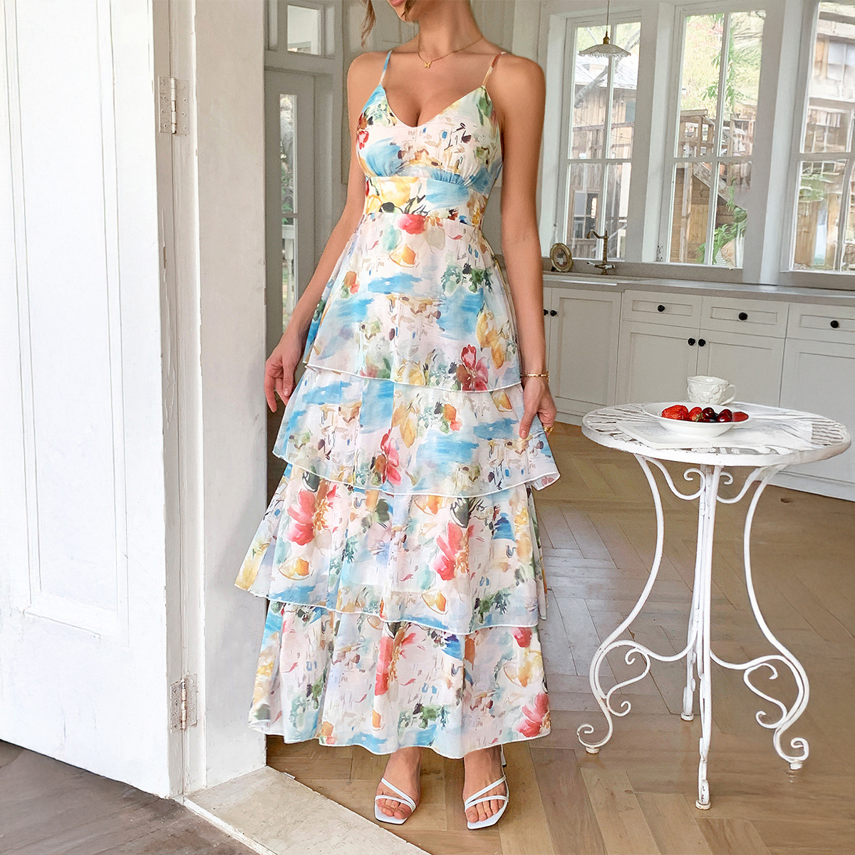 Di Yun European and American leisure vacation style camisole printed cake skirt long dress women's dress spring summer