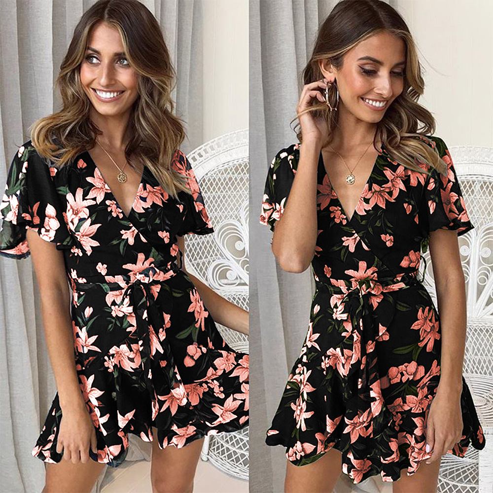 Short Sleeve Deep V Floral Print Dress Three Colors Sexy Style Spring Summer Fashion Wholesale Available