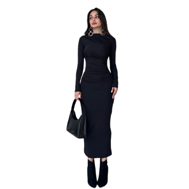 European and American Style Spring Summer New Women's Fashion Round Neck Long Sleeve Slim Fit Solid Color Bodycon Dress