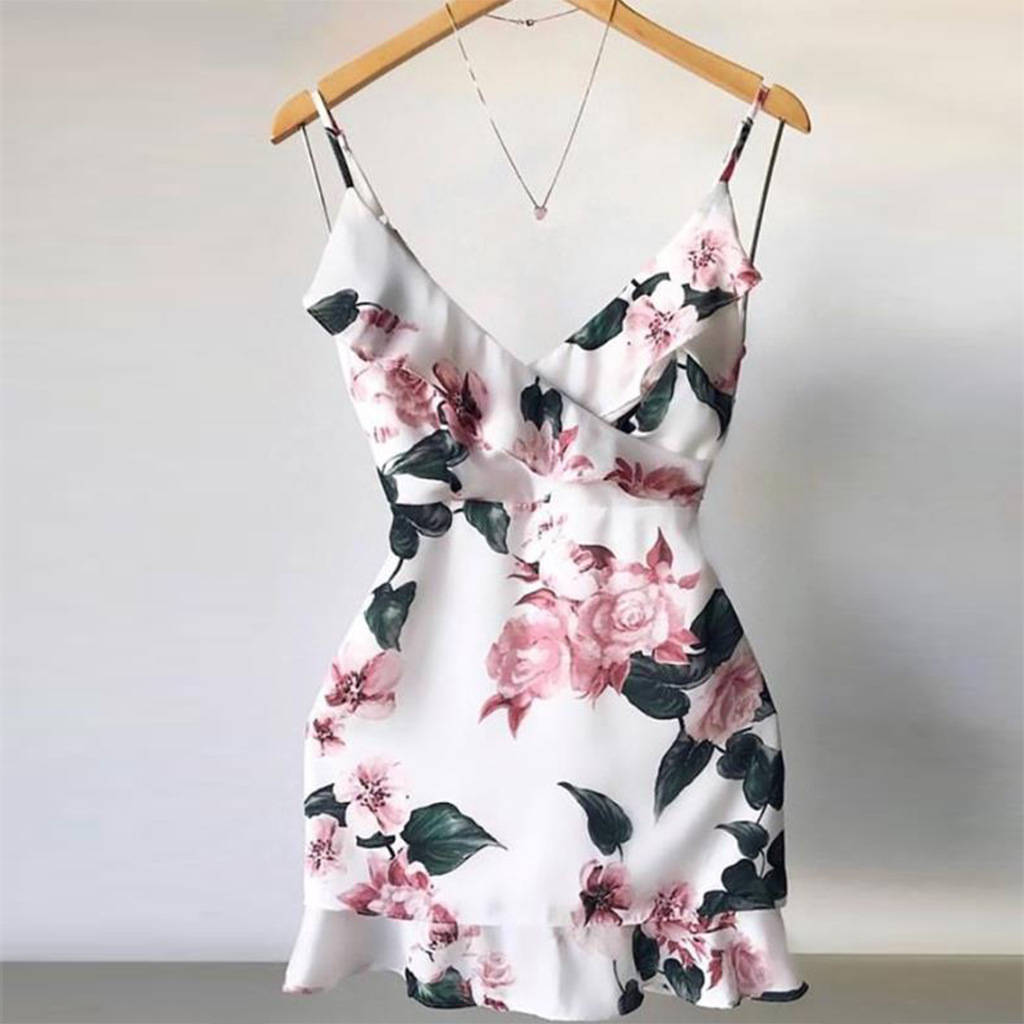 Summer Floral Print V Neck Sleeveless Dress Sexy Style Elegant Design Perfect for Parties and Casual Outings