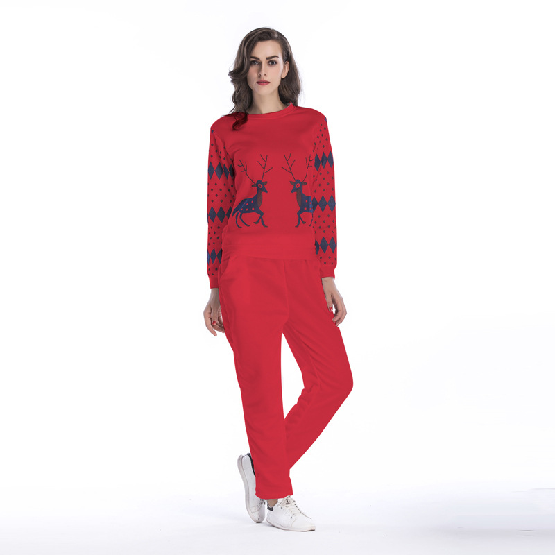 Womens Fleece Lined Sports Set Deer Print Round Neck Long Sleeve Sweatshirt Casual Pants Autumn Winter Wear