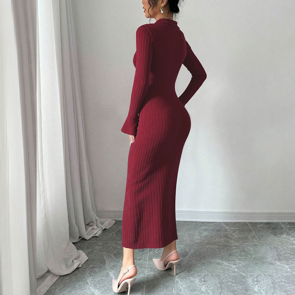 TK Autumn Winter Pure Desire Style Sexy Slimming Round Neck Long Sleeve Knitted Bodycon Dress