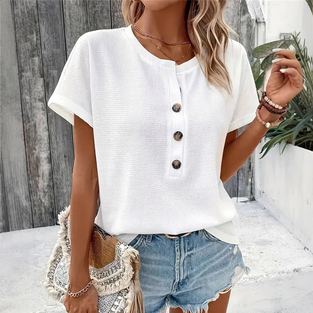 Summer Womens Fashion T Shirt Solid Color Button Detail Short Sleeve Casual Wear for Everyday Wholesale Available