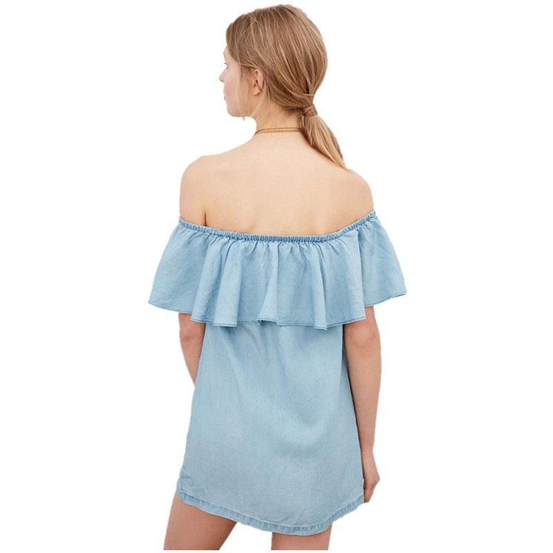 Off Shoulder Ruffle Denim Dress Bodycon Fit Sleeveless Sexy Style Perfect for Summer Parties Wholesale Available