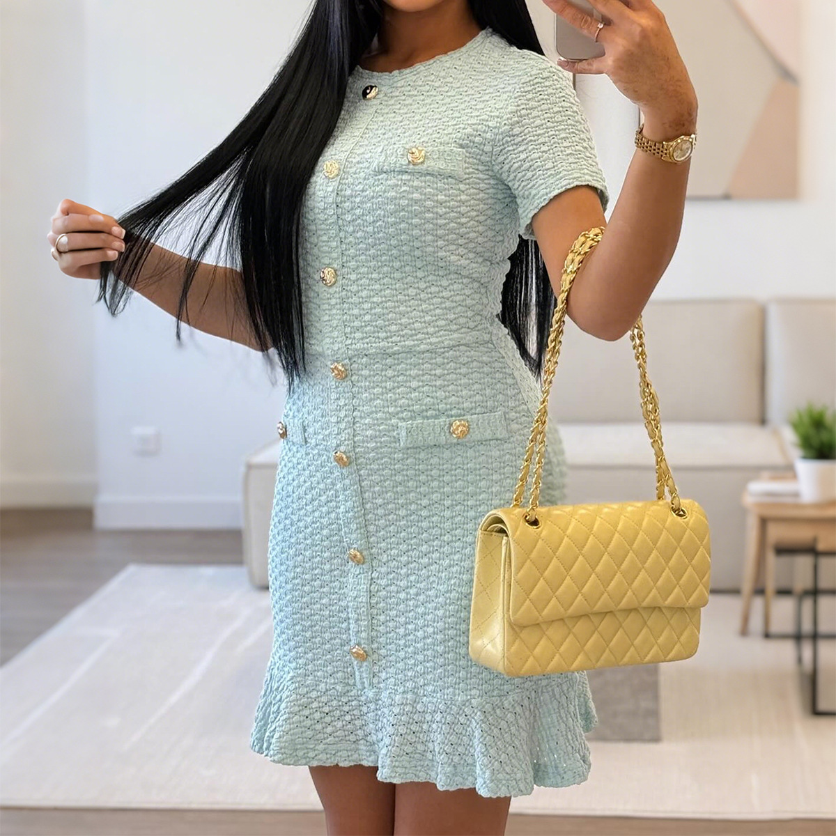 Elegant Button Short Sleeve Long Dress for Women Autumn Winter