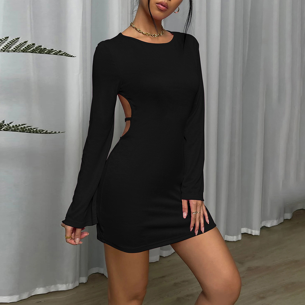 New Sexy Backless Round Neck Pullover Bell Sleeve Bodycon Dress Long Sleeve