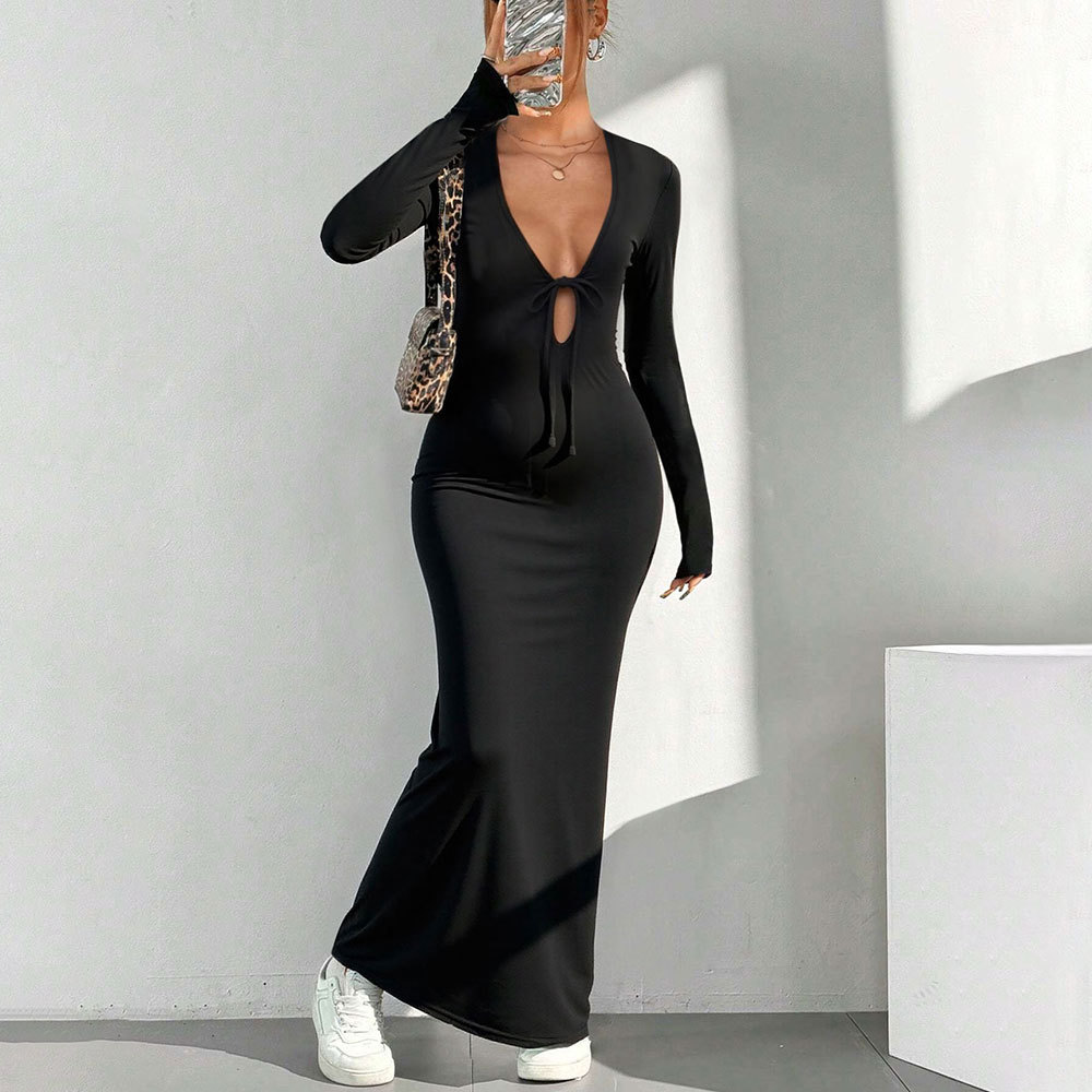 Sexy V neck Black Long Dress for Autumn and Winter, Elegant Party Dress