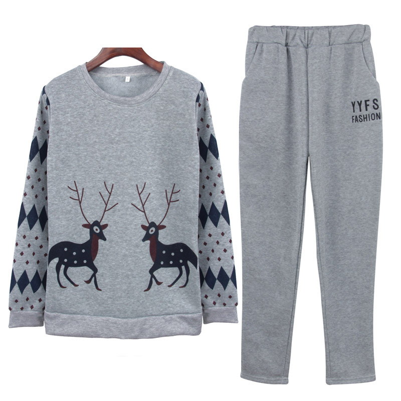 Womens Fleece Lined Sports Set Deer Print Round Neck Long Sleeve Sweatshirt Casual Pants Autumn Winter Wear