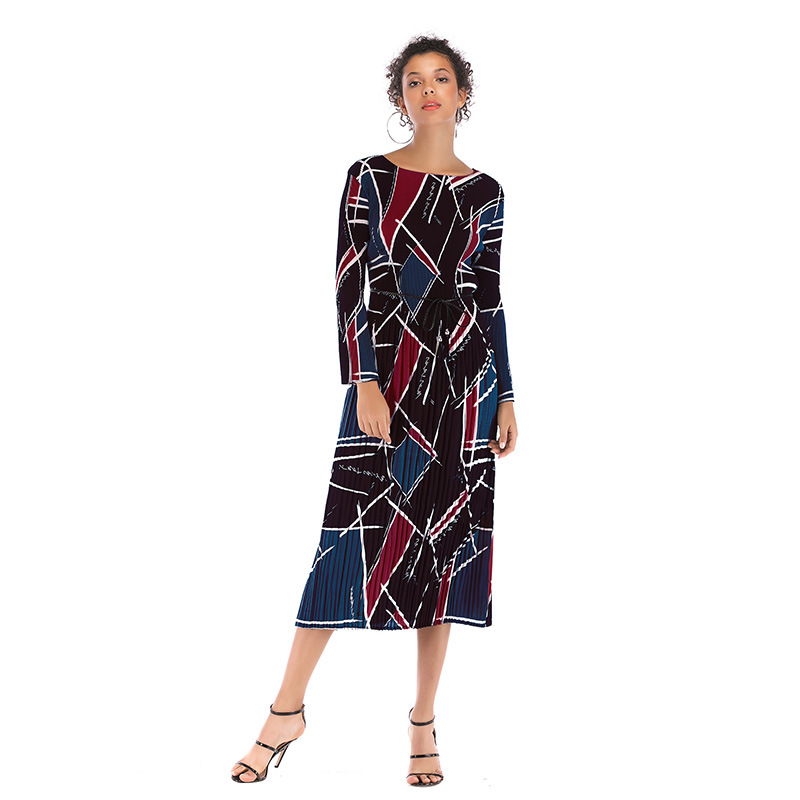 Geometric Print Chiffon Dress Long Sleeve Belted Pleated Design Perfect for Spring Summer Events Wholesale Available