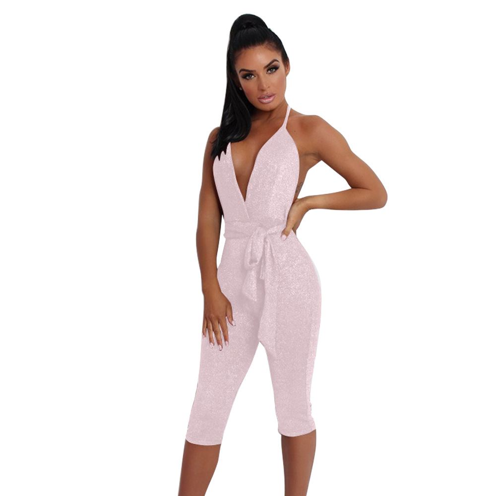 Deep V Neck Halter Jumpsuit Shiny Fabric Available in 4 Colors Spring Summer Womens Fashion Wholesale Ready