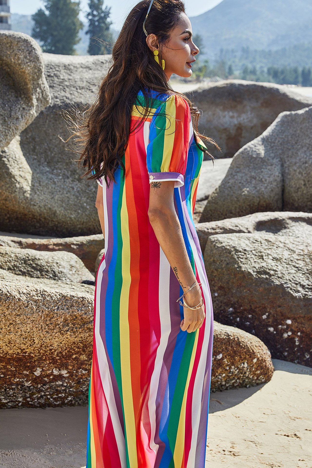 Summer Womens Dress Short Sleeve Chiffon Rainbow Print Split Design Beachwear Wholesale Available