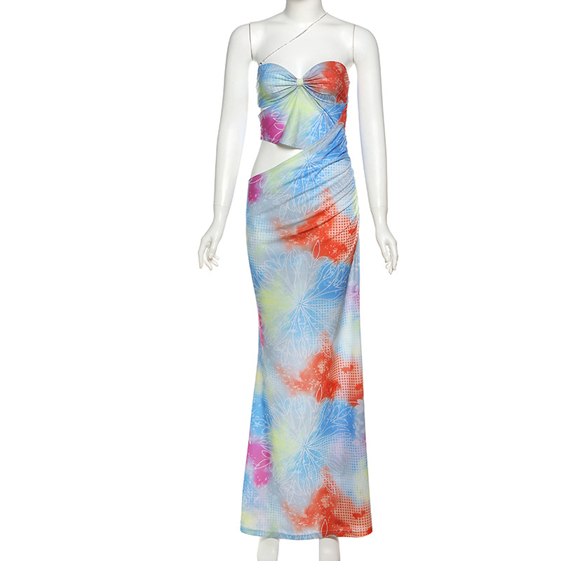 New Spring Summer Women's Fashion Sexy Hollow Out Sleeveless Color Block Printed Strapless Bodycon Maxi Dress