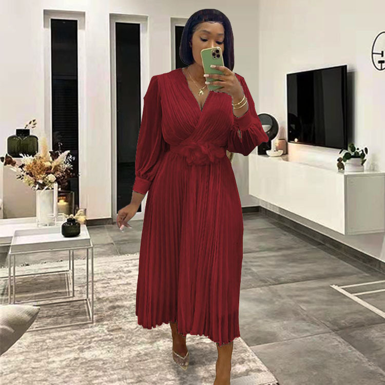 Long Sleeve Solid Color Pleated Dress Waist Defining Elegant Design Perfect for Casual or Formal Occasions Wholesale