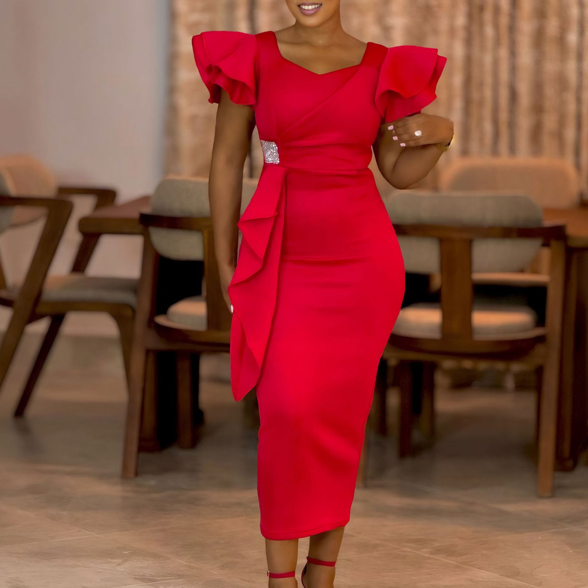 Elegant Ruffle Hem Solid Color Bodycon Dress for Women, Fashionable and Stylish, Perfect for Cross Border and European Markets