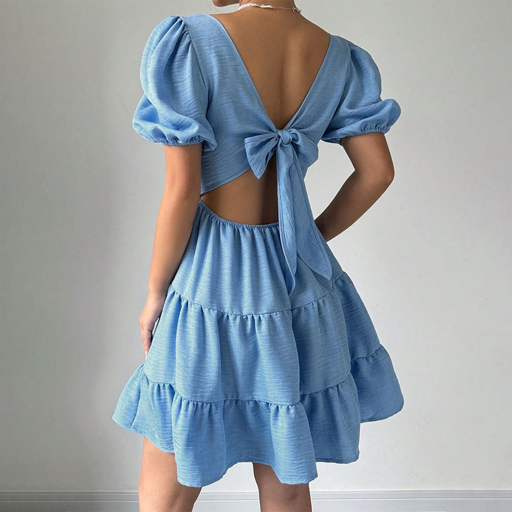 Elegant Fresh Sweet Dress Summer Square Neck Backless High Waist A line Short Dress