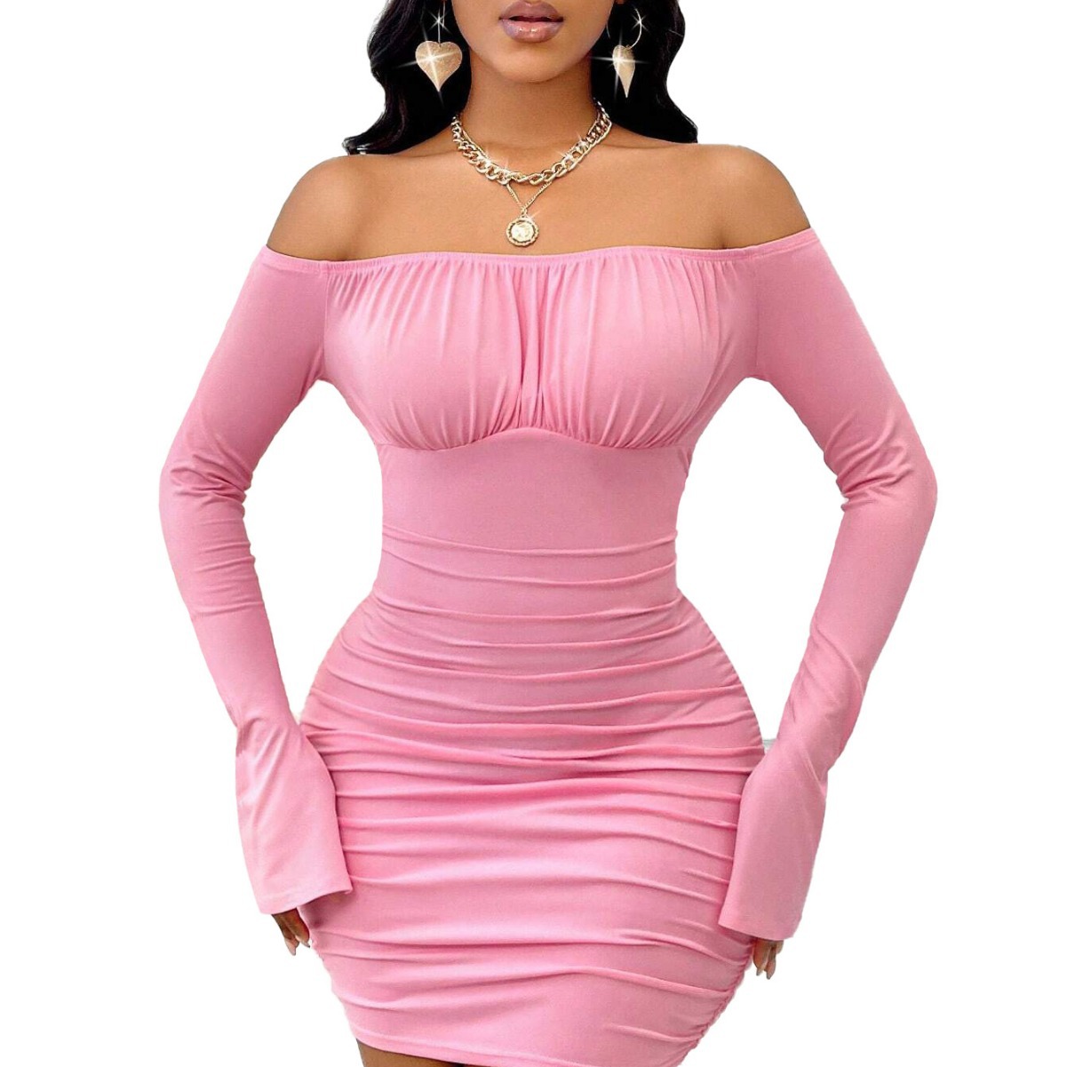 Pink Sexy Bodycon Dress Off Shoulder Long Sleeve Figure Hugging Autumn Winter Fashion Wholesale Available