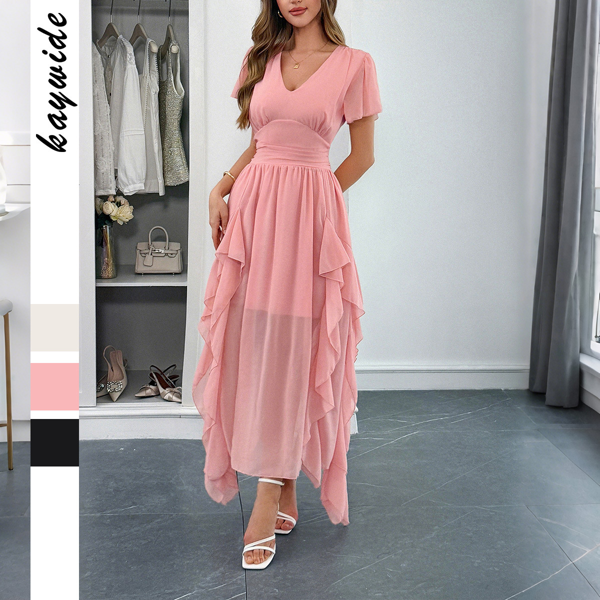 Casual Vacation Style Short Sleeve Waist Tied Long Dress for Women Spring Summer