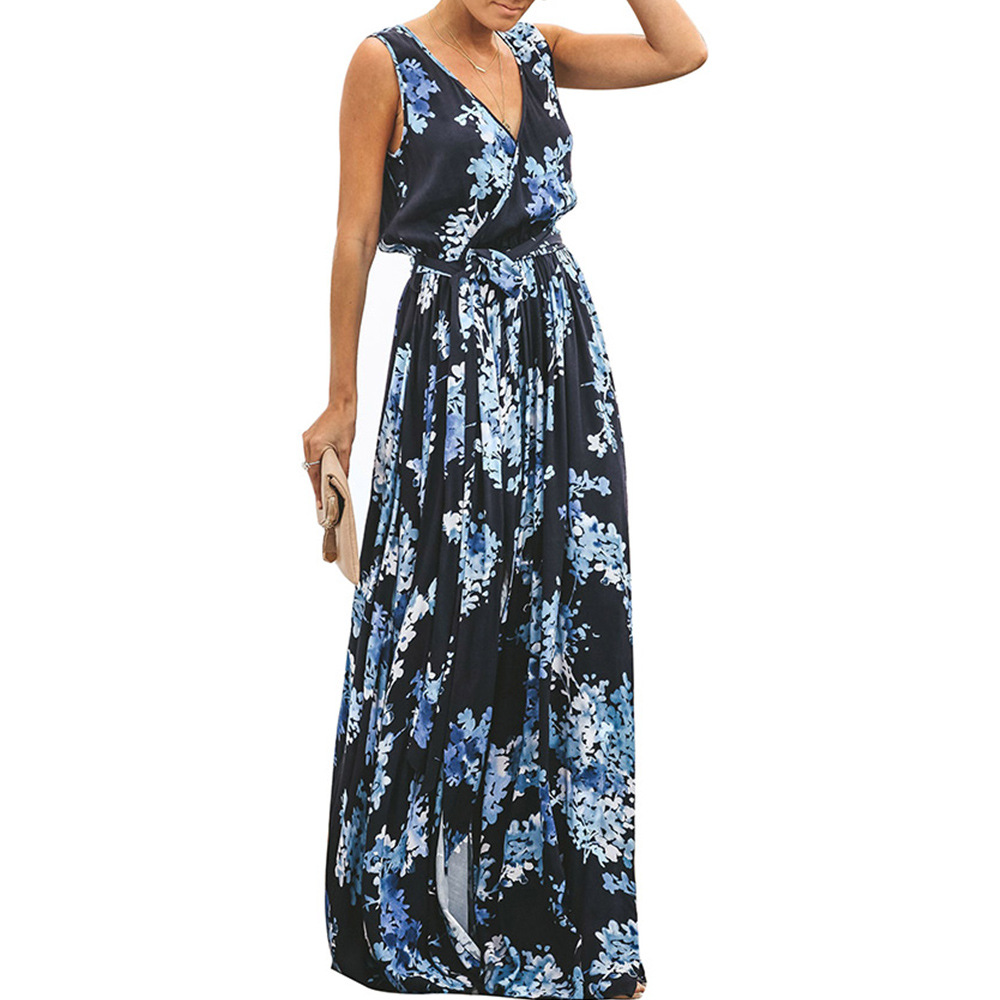 Summer Womens Dress Sleeveless V Neck Floral Print Split Hem Elastic Waist Casual Wear for Parties or Outings