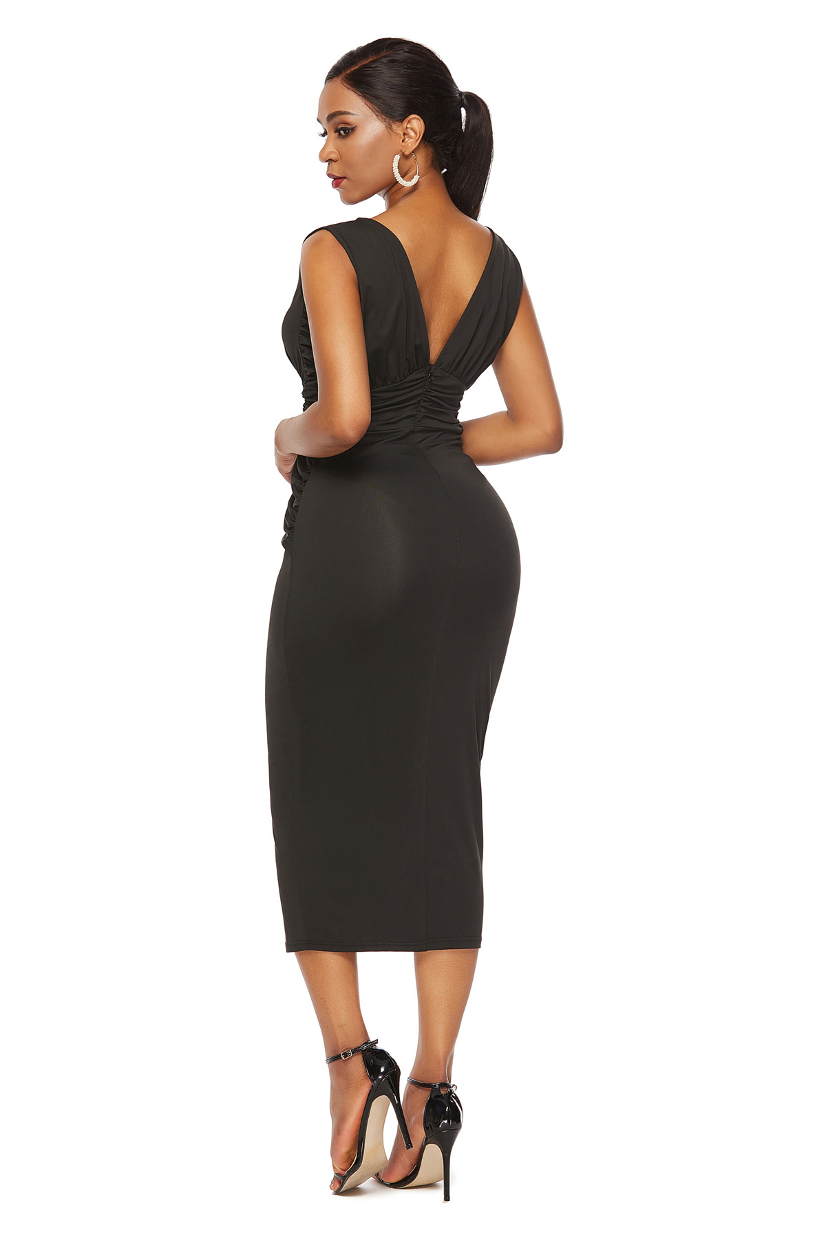 Sleeveless Bodycon Dress Deep V Neck Pleated Waist Solid Color Backless Nightclub Wear Wholesale Available