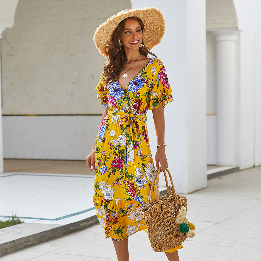 Bohemian Print Tie Front Dress Original Design Spring Summer Style Comfortable Fit Wholesale Available