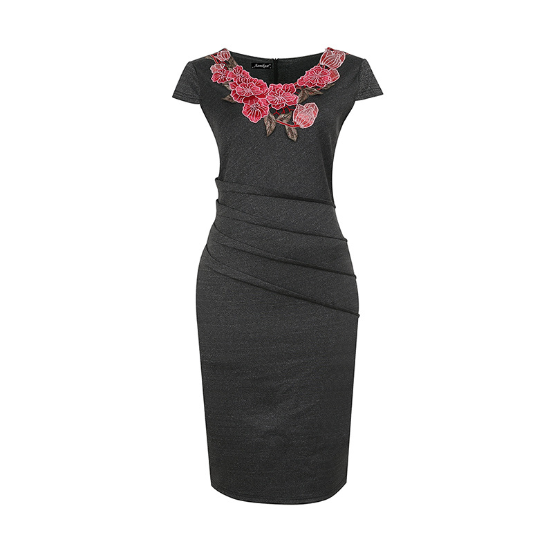 Fashionable Short Sleeve Pencil Dress Embroidered Patch Design Slim Fit for Autumn and Winter Wholesale Available