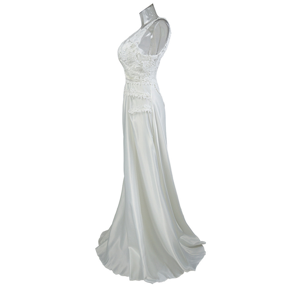 Lace Trimmed Backless Maxi Dress Solid Color Sleeveless Hollow Out Design Elegant Cocktail or Wedding Gown