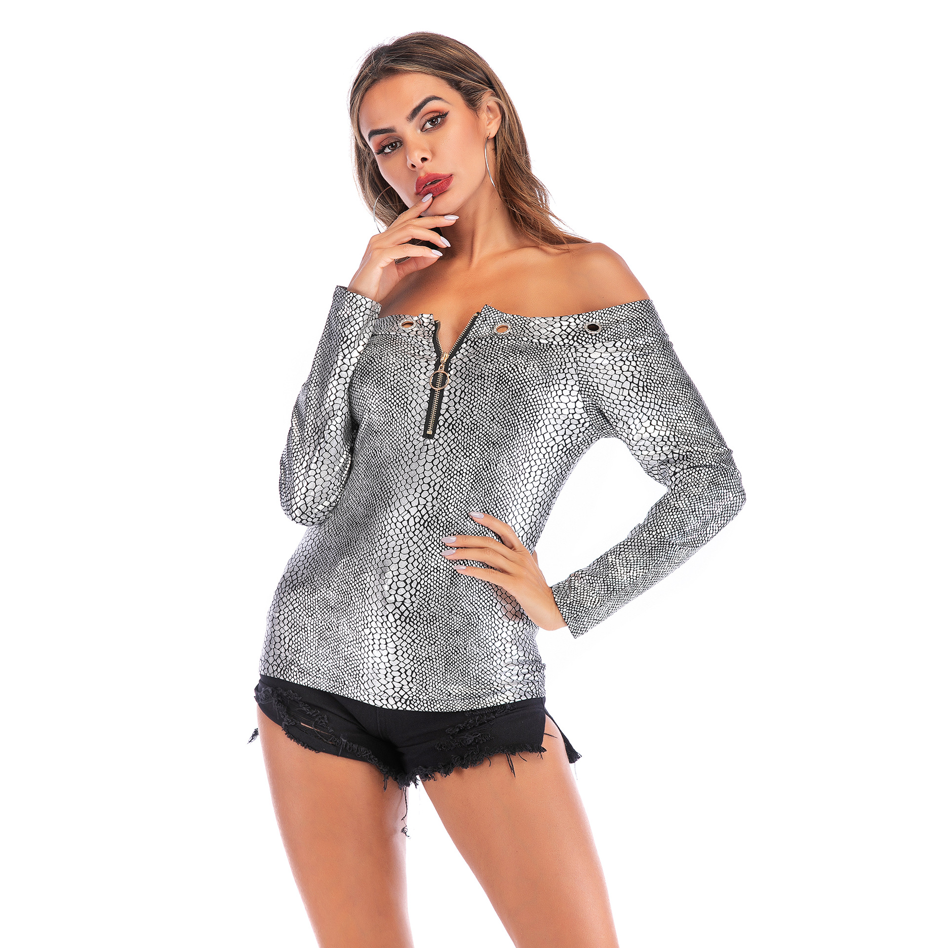 Womens Off Shoulder Zip T Shirt Slim Fit Snake Print Casual Style Perfect for Summer Outings Wholesale Available