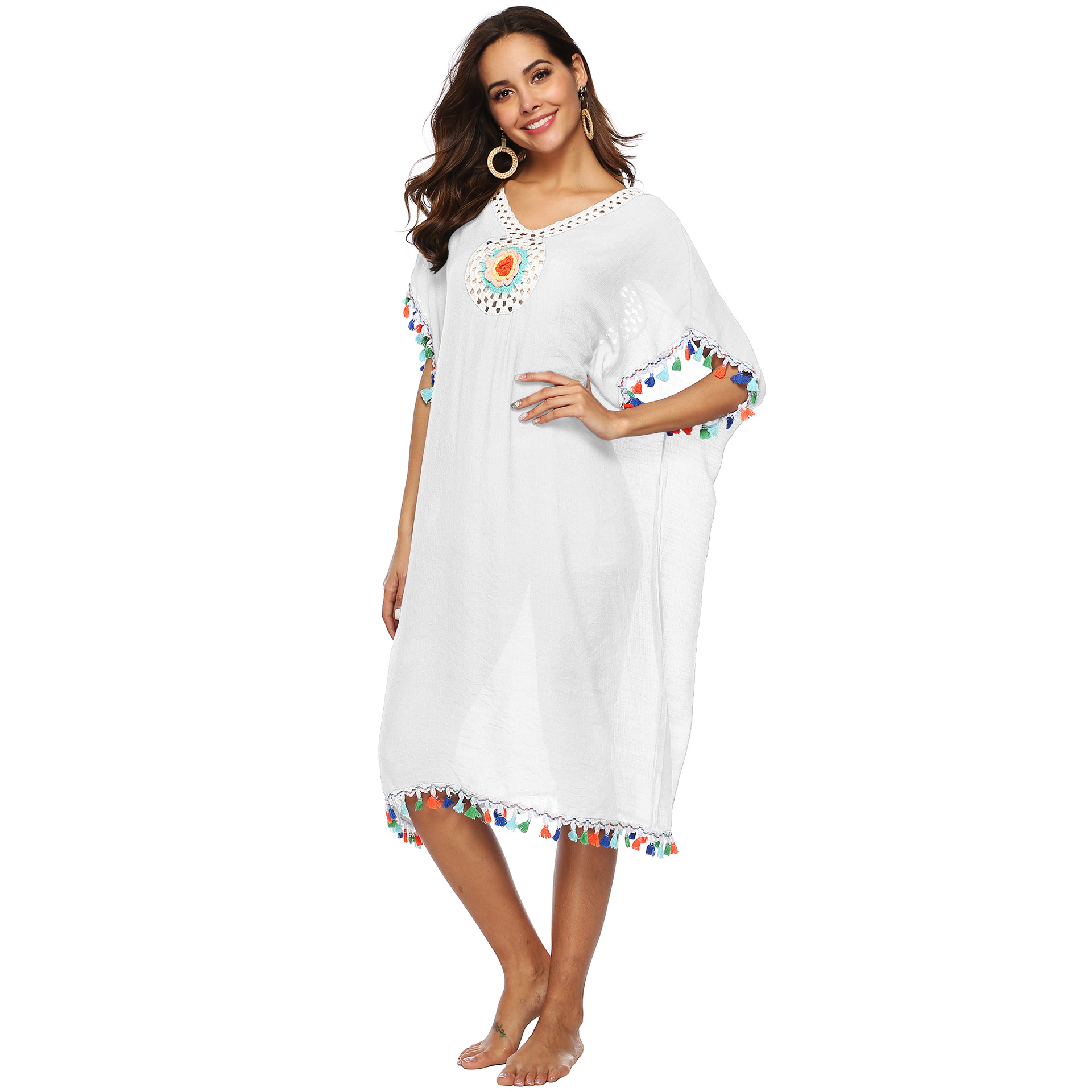 Colorful Tassel Beach Cover Up Dress Hand Crocheted Floral Patchwork Loose Fit Deep V Neck Wholesale Available