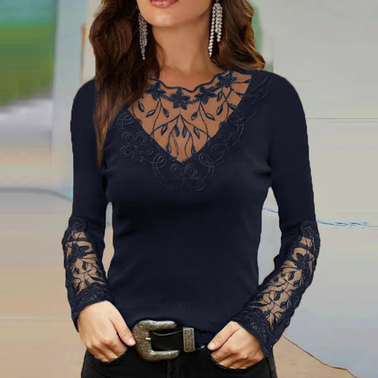 Womens Lace Long Sleeve T Shirt Deep V Neck Floral Trim Slim Fit Spring Fall Fashion Top Wholesale Available
