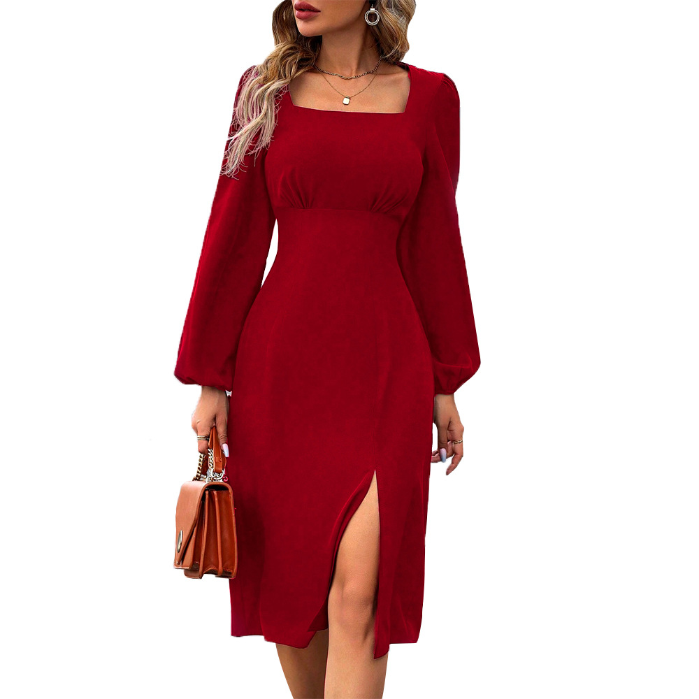 Elegant Square Neck Slim Waist Side Slit Mid length Dress