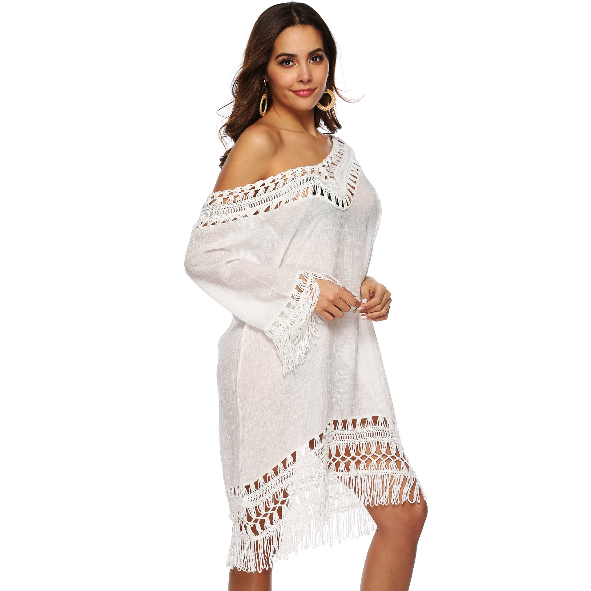 Deep V Hollow Out 3 4 Sleeve Fringe Patchwork Irregular Beach Cover Up Dress Lightweight Stylish Summer Essential