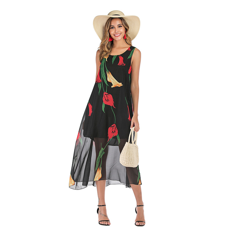 Chiffon Floral Dress Sleeveless Casual Elegant Design Spring Summer Womens Fashion Wholesale Available
