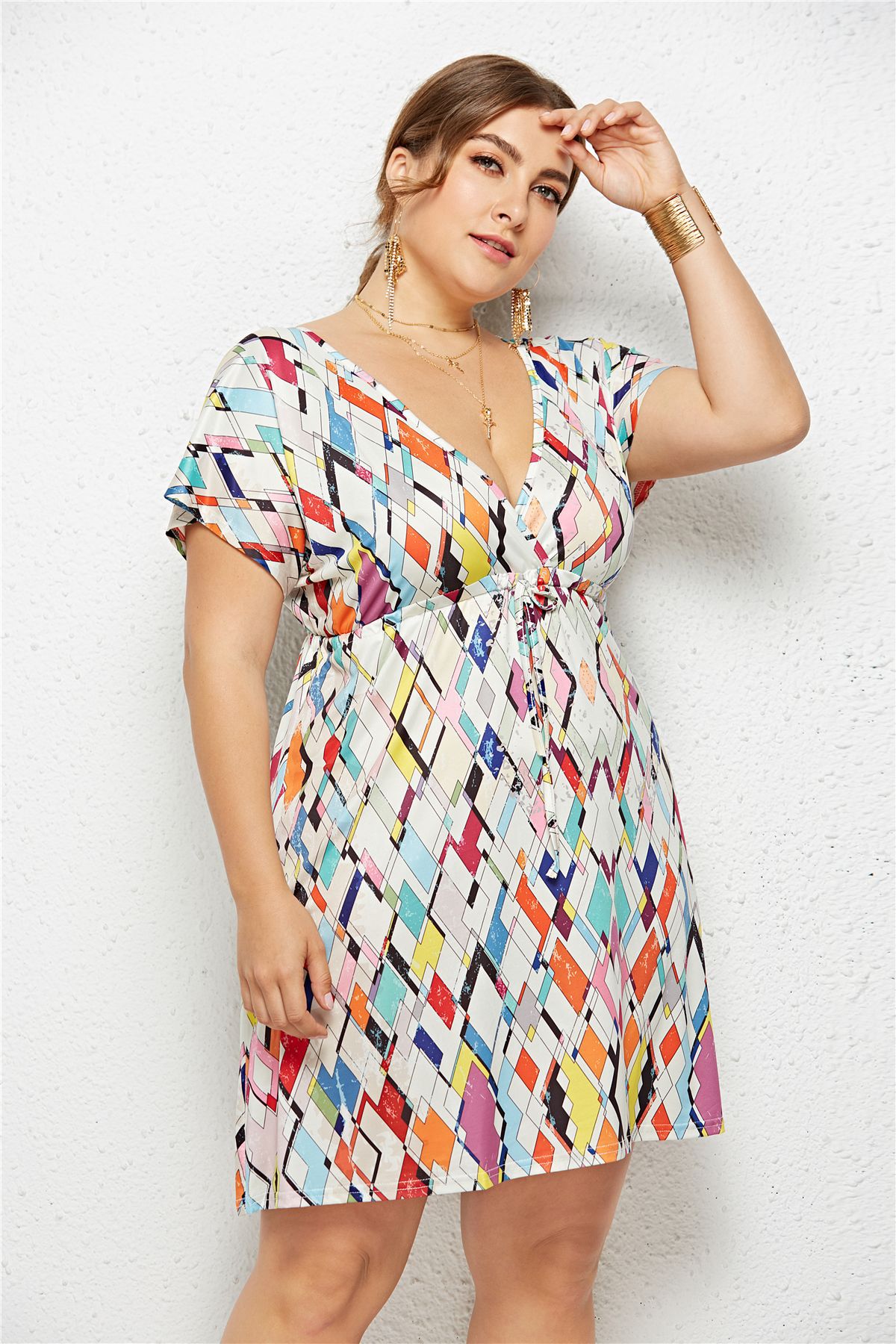 Plus Size V Neck Digital Print Dress Beachwear Vacation Style Comfortable Fit Wholesale Available