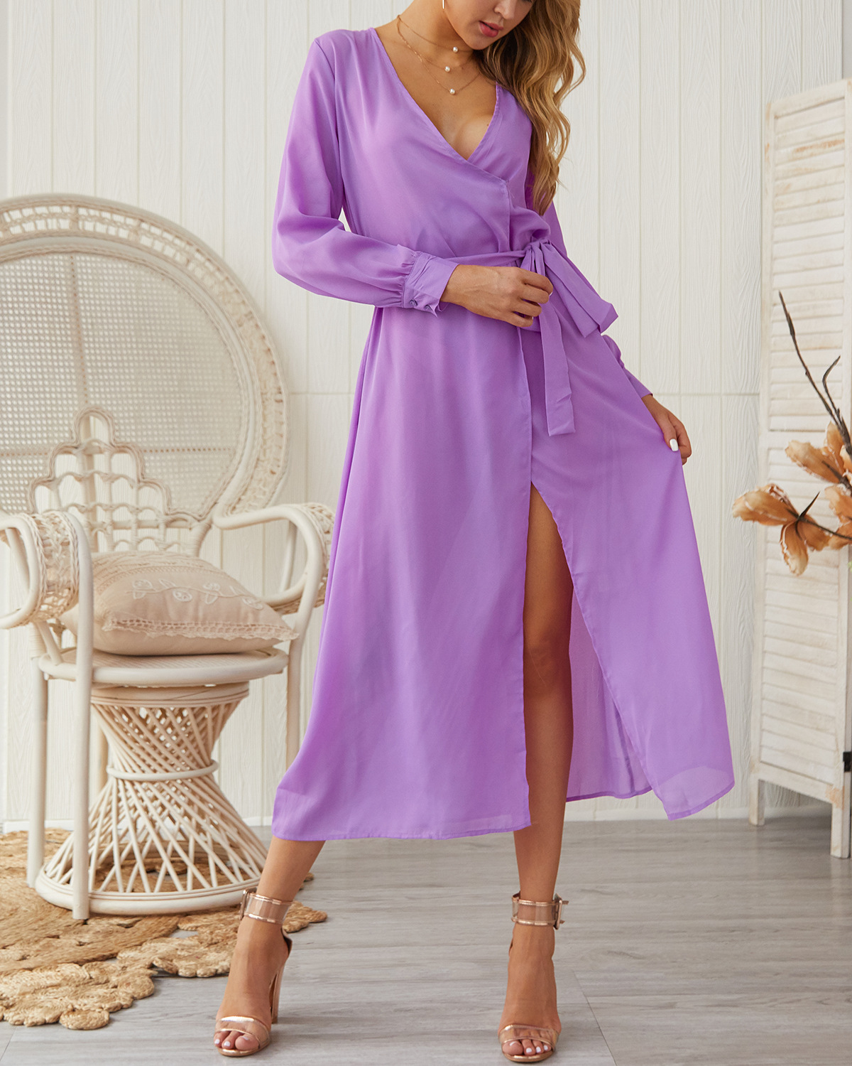 V Neck Split Maxi Dress Sexy Long Sleeve Autumn Winter Style Ready to Ship Wholesale Available
