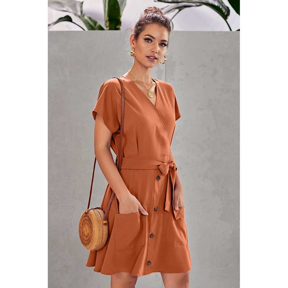 Loose Knee Length Dress for Women Summer Collection Deep V Neck Short Sleeve Button Closure Casual Wear Wholesale