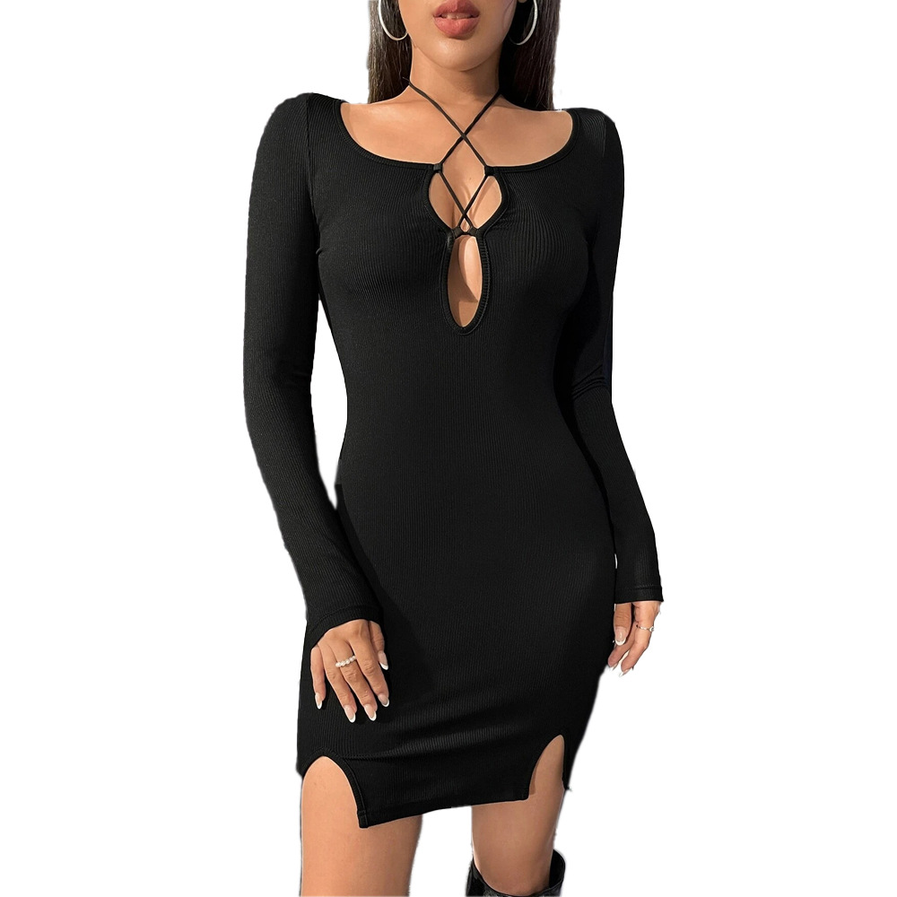 Autumn Winter New Fashion Hollow Out Black Long Sleeve Bodycon Mini Dress for Women