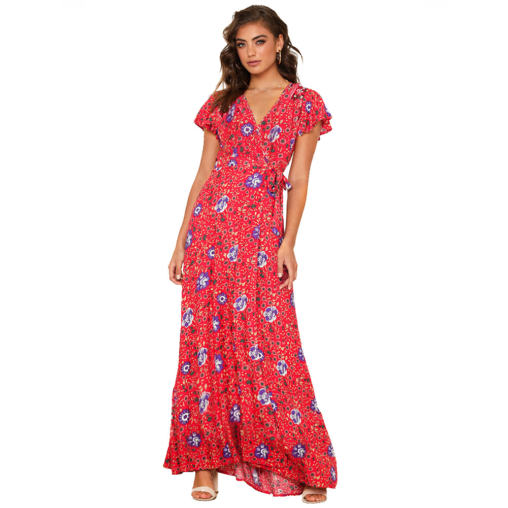 Bohemian Print Maxi Dress Summer Style Adjustable Tie Straps Lightweight Fabric Perfect for Casual Outings