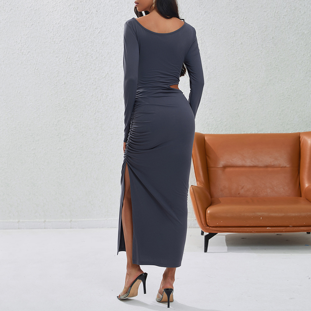 Autumn Winter New Slim Sexy Hollow Out Slit Hip Mid Length Party Dress
