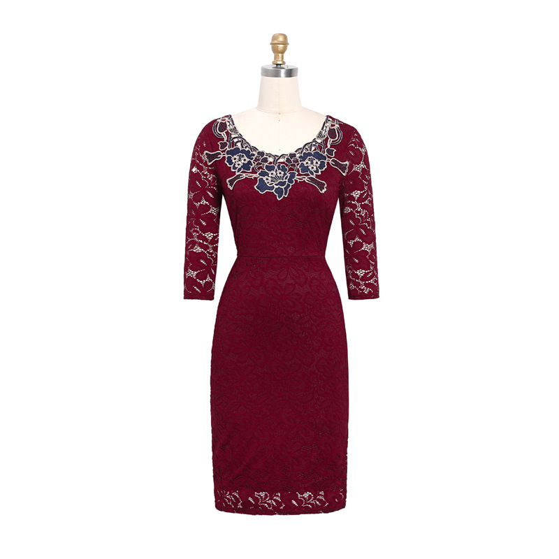 Spring Womens Long Sleeve Pencil Dress with Floral Embroidery Elegant Design for Office Wear Wholesale Supply Available