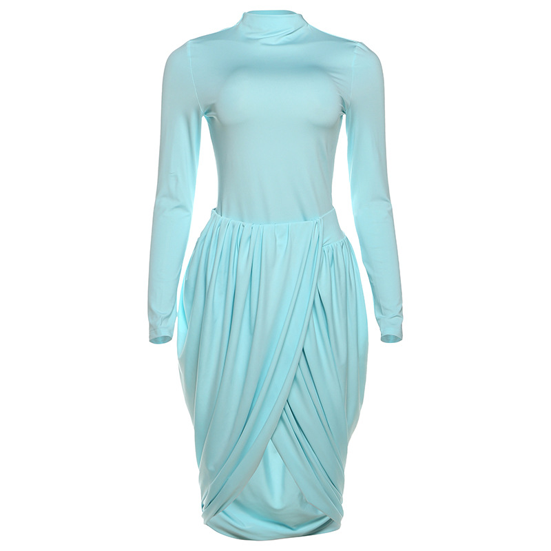 European and American Cross border Autumn and Winter New Women's Fashion Color blocking Solid Long Sleeve Slim Fit Ruffled Split Sexy Dress