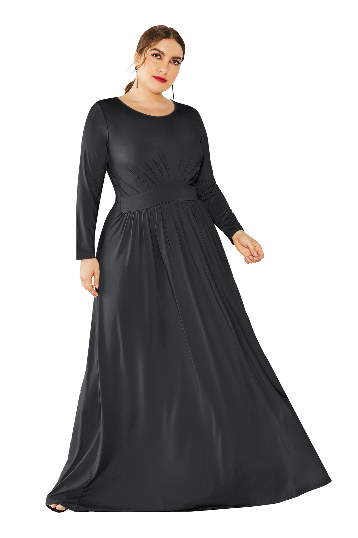 Plus Size Long Sleeve Round Neck Dress Elegant Comfortable Fabric Autumn Winter Style Perfect for Evening Events
